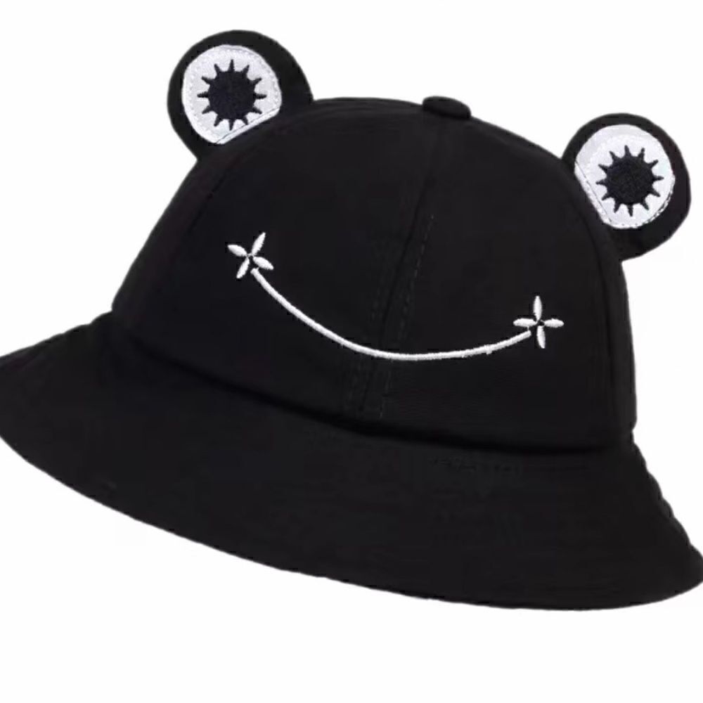 ADORABLE frog bucket hat I have pink and black one. Fits most all sizes.